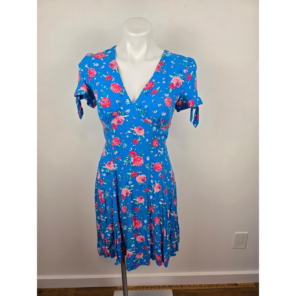 Hell Bunny Blue Rose Floral V-Neck Tea Dress HLB40162 XS UK 8 Mini Tie Sleeve